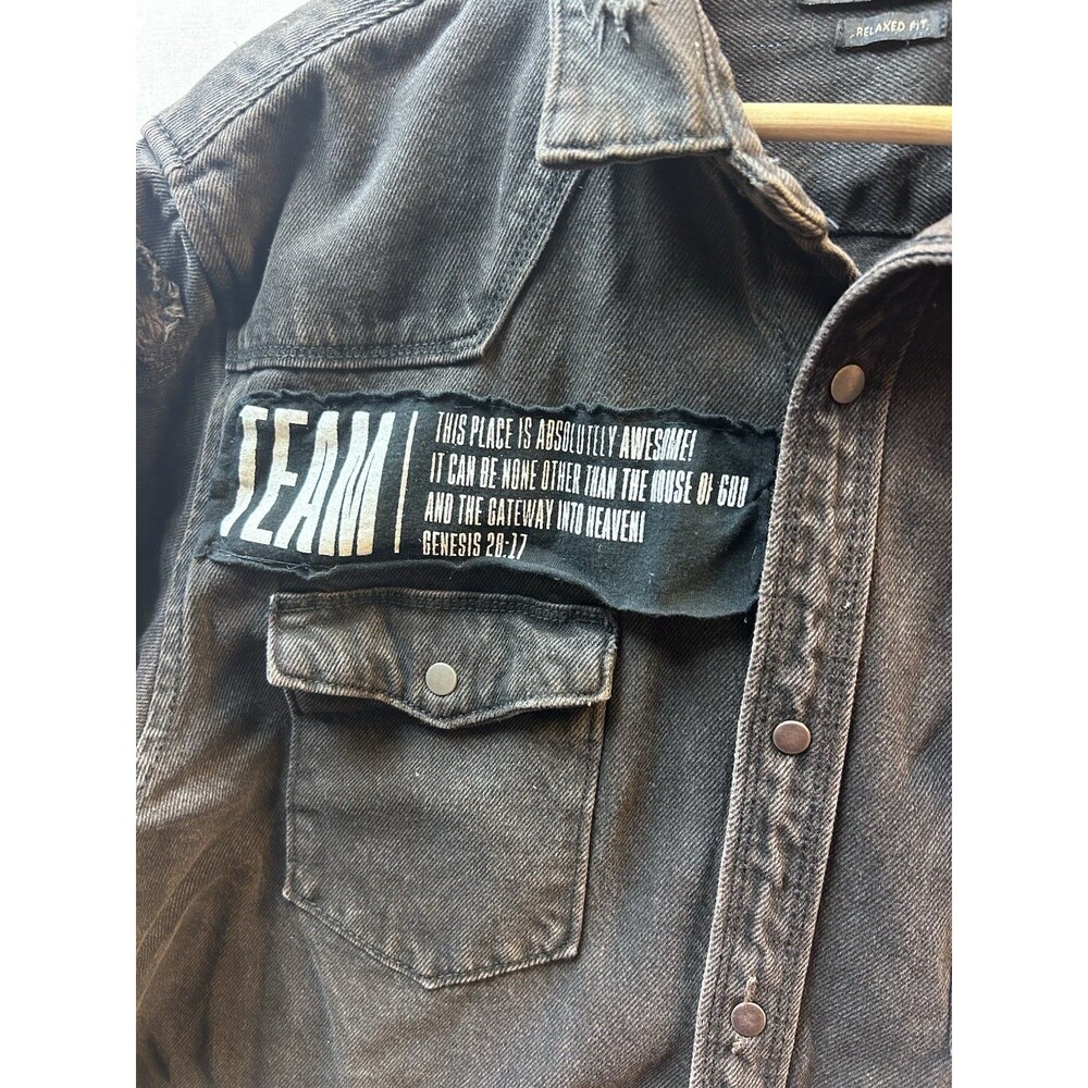 Christian Battle Jacket Black Rock Jean Button Up Patches Jesus Mens XL Distress - Picture 3 of 8